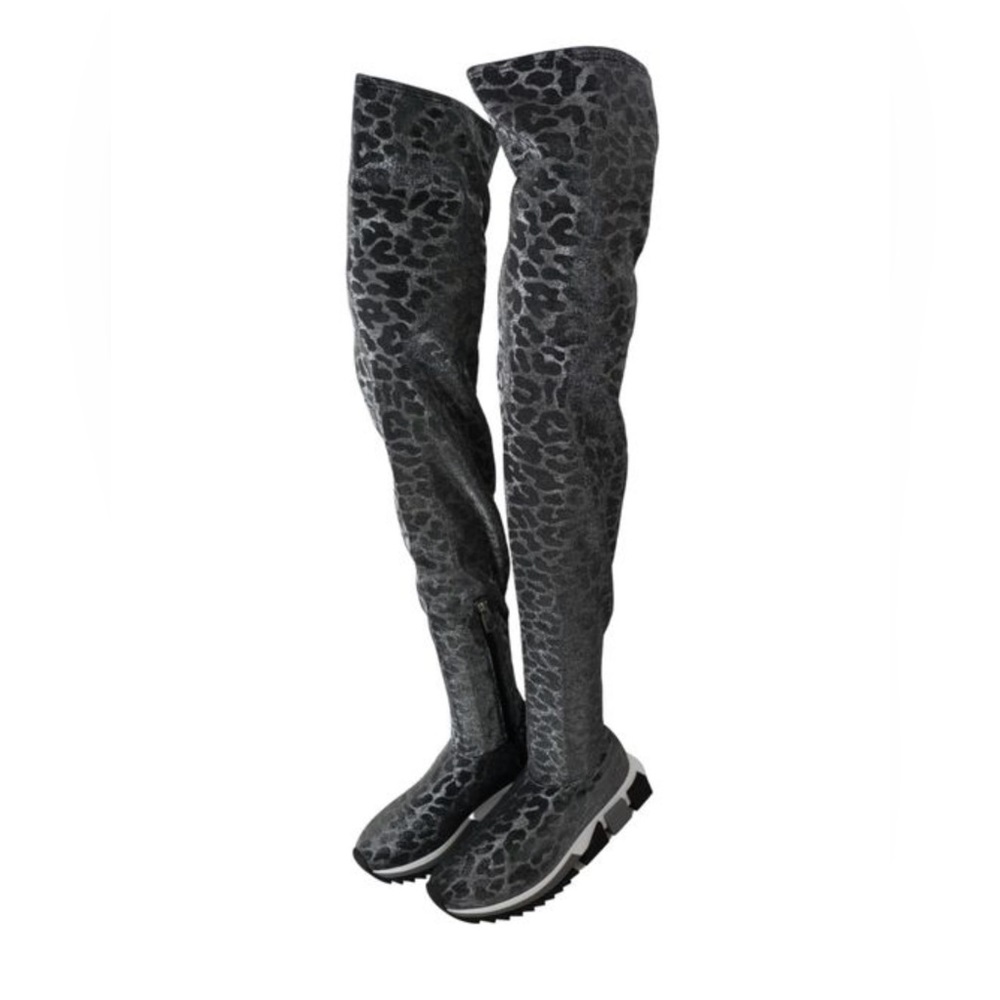 Dolce & Gabbana Gray Leopard Over the Knee Sneakers Boots , size 8